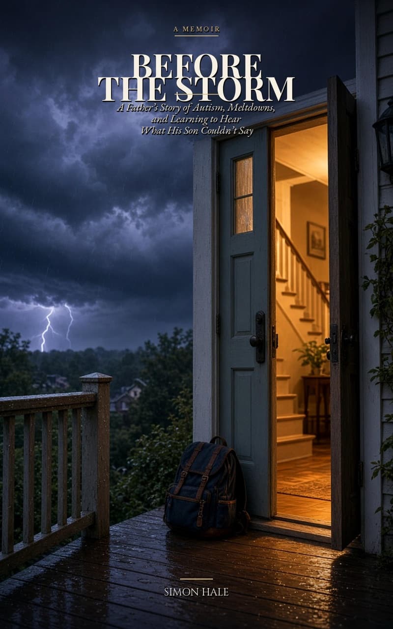 Cover of Before the Storm by Simon Hale: a child's backpack left on a rain-soaked porch beside an open, lamp-lit front door under a stormy sky.